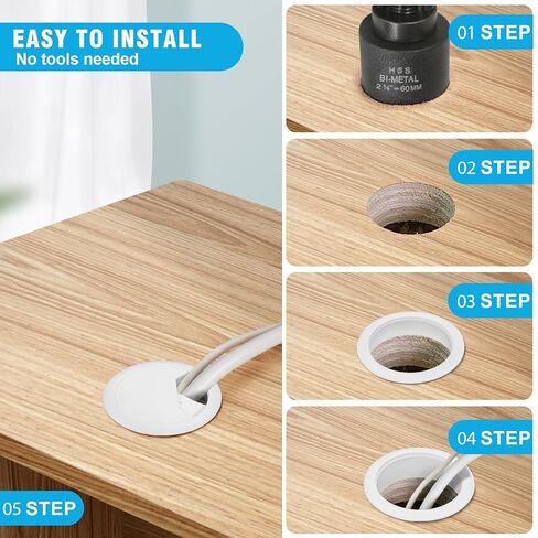 2-3/8" Spring Desk Grommet, JTemgle Plastic Cable Hole Cover with Hole Saw Computer Table Cord Wire Organizer Caps Desktop Cord Management for Home Office TV Stands Tabletops - White, 7 Pcs in Kuwait