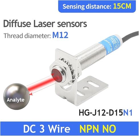 HG-J12-D15 التبديل الكهروضوئي مستشعر الليزر البصري M12 انعكاس منتشر 15 سنتيمتر نطاق الكشف قابل للتعديل 20-150 مللي متر PNP NPN 3 خطوط in Kuwait