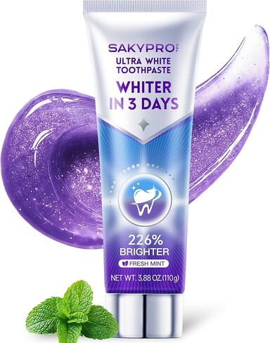 معجون أسنان SAKYPRORAL الأرجواني لتبييض الأسنان بشكل فائق، خالٍ من البيروكسيد والفلورايد، آمن على المينا للأسنان الحساسة، تفتيح فوري، حماية من البقع على مدار 24 ساعة، نعناع منعش، عبوة واحدة، 3.88 أونصة in Kuwait