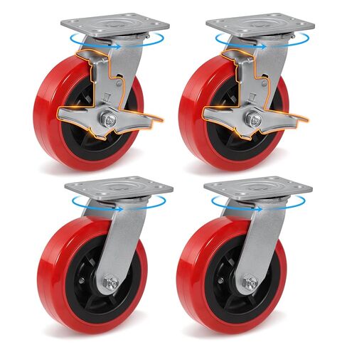 عجلات من البولي يوريثين شديدة التحمل مقاس 6 بوصات، مجموعة من 4 (2 دوارة مع فرامل + 2 دوارة)، عجلات صناعية مقاس 6 × 2 بوصة مع محمل أسطواني، سعة 4000 رطل للعربات والمعدات الصناعية in Kuwait