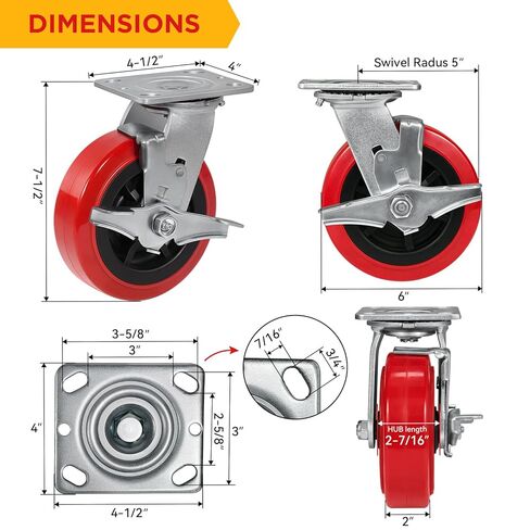 عجلات من البولي يوريثين شديدة التحمل مقاس 6 بوصات، مجموعة من 4 (2 دوارة مع فرامل + 2 دوارة)، عجلات صناعية مقاس 6 × 2 بوصة مع محمل أسطواني، سعة 4000 رطل للعربات والمعدات الصناعية in Kuwait