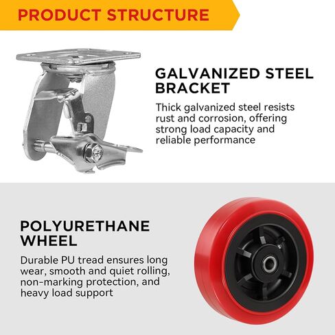 عجلات من البولي يوريثين شديدة التحمل مقاس 6 بوصات، مجموعة من 4 (2 دوارة مع فرامل + 2 دوارة)، عجلات صناعية مقاس 6 × 2 بوصة مع محمل أسطواني، سعة 4000 رطل للعربات والمعدات الصناعية in Kuwait