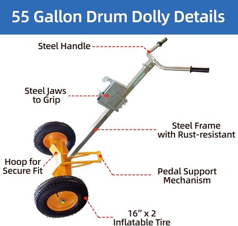 55 جالون طبل دوللي، معدات مناولة متخصصة من الدرجة الصناعية، إطارات هوائية كبيرة جدًا مقاس 16 بوصة، التعامل بسهولة مع معظم التضاريس، 1000 رطل، للكراجات وورش العمل والخارجية in Kuwait
