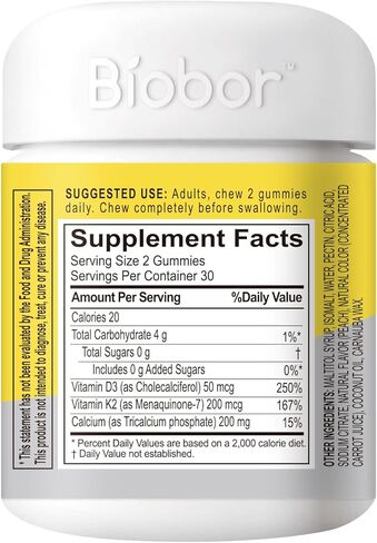 Biobor Sugar Free Vitamin D3 K2 Gummies with Calcium, 2000 IU D3 & 200 mcg K2 & 200 mg Calcium, Supports Healthy Bones, Gluten Free, GMO Free, 60 Count in Kuwait