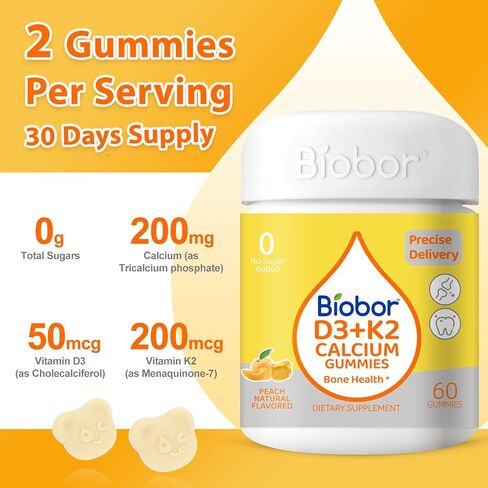 Biobor Sugar Free Vitamin D3 K2 Gummies with Calcium, 2000 IU D3 & 200 mcg K2 & 200 mg Calcium, Supports Healthy Bones, Gluten Free, GMO Free, 60 Count in Kuwait