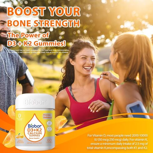 Biobor Sugar Free Vitamin D3 K2 Gummies with Calcium, 2000 IU D3 & 200 mcg K2 & 200 mg Calcium, Supports Healthy Bones, Gluten Free, GMO Free, 60 Count in Kuwait