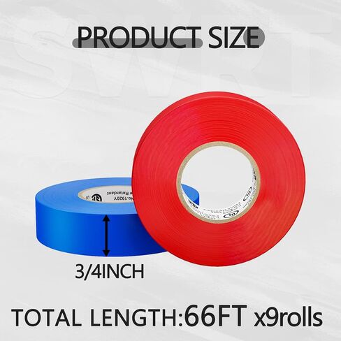 SWRT UL/CSA Colored Electrical Tape 9 Colors, 7 mils -600V, 0.75 in x 66 FT Electric Tape Colors, Flame Retardant, Strong Adhesive, for Home DIY Electrical Repairs Professional Installations in Saudi Arabia