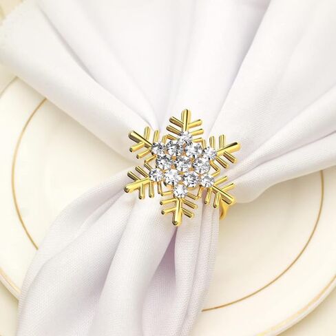 6Pcs Glamorous Gold Snowflake Napkin Rings Set with Sparkling Rhinestone Elegant Table Arrangement Decorations for Christmas Thanksgiving Holiday Party in Saudi Arabia
