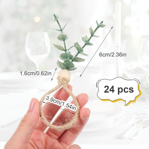 24 Pcs Napkin Rings with Artificial Eucalyptus Leaf Wood Bead Jute Rope for Christmas Farmhouse Wedding Home Dining Table Party Decoration in Saudi Arabia