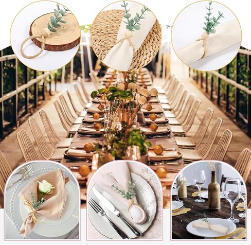 24 Pcs Napkin Rings with Artificial Eucalyptus Leaf Wood Bead Jute Rope for Christmas Farmhouse Wedding Home Dining Table Party Decoration in Saudi Arabia