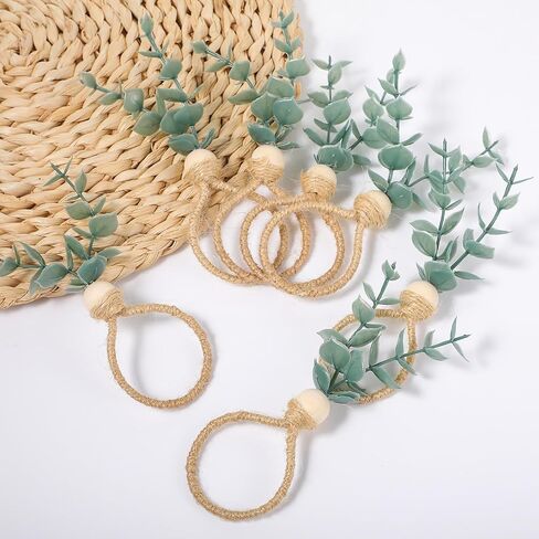24 Pcs Napkin Rings with Artificial Eucalyptus Leaf Wood Bead Jute Rope for Christmas Farmhouse Wedding Home Dining Table Party Decoration in Saudi Arabia