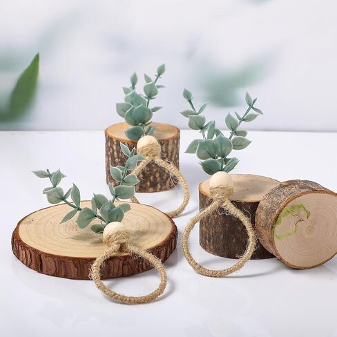 24 Pcs Napkin Rings with Artificial Eucalyptus Leaf Wood Bead Jute Rope for Christmas Farmhouse Wedding Home Dining Table Party Decoration in Saudi Arabia