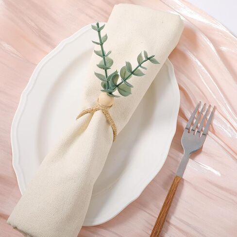 24 Pcs Napkin Rings with Artificial Eucalyptus Leaf Wood Bead Jute Rope for Christmas Farmhouse Wedding Home Dining Table Party Decoration in Saudi Arabia