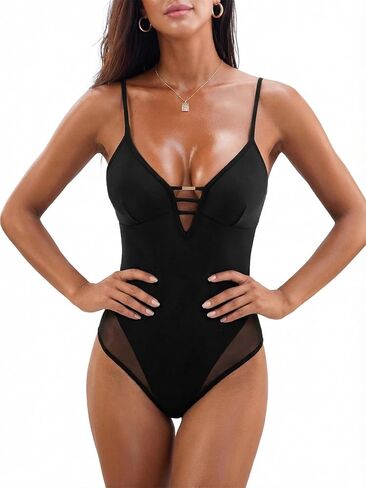 بدلة سباحة نسائية من قطعة واحدة من CUPSHE بدلة استحمام مثيرة بفتحة رقبة على شكل V ولوحة شبكية وخط خلفي وأشرطة قابلة للتعديل ملابس سباحة in Kuwait