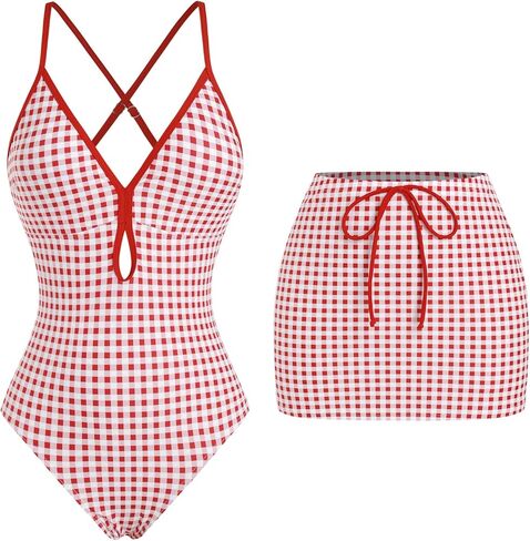 ZAFUL Women's One Piece Swimsuit with Skirt V Neck Plaid Bikini Front Cut Out Two Piece Bathing Suit in Saudi Arabia