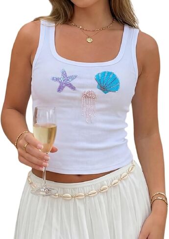 Women Starfish Seashell Tops Sleeveless Sequin Embroidery Beaded Tank Tops Y2k Slim Fit Going Out Beach Top in Saudi Arabia