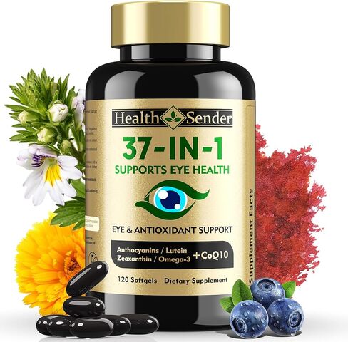 37 في 1 فيتامينات للعين مع مكمل اللوتين والزياكسانثين - مكمل للعين مع مرافق الإنزيم Q10 وأوميغا 3 والمعادن لدعم صحة العين للبالغين وكبار السن، مكمل للرؤية اليومية، 120 كبسولة هلامية سوداء in Kuwait
