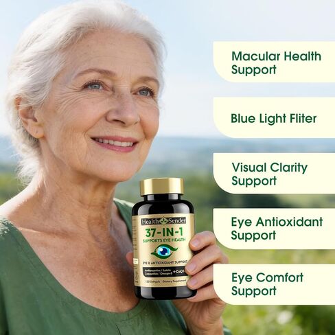 37 في 1 فيتامينات للعين مع مكمل اللوتين والزياكسانثين - مكمل للعين مع مرافق الإنزيم Q10 وأوميغا 3 والمعادن لدعم صحة العين للبالغين وكبار السن، مكمل للرؤية اليومية، 120 كبسولة هلامية سوداء in Kuwait