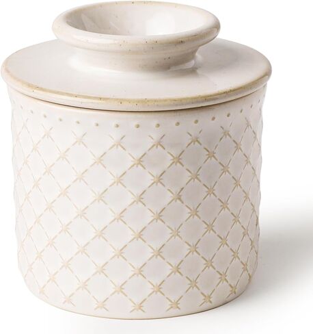 DOWAN French Butter Crock for Counter with Water, Ceramic Butter Dish with Lid for Countertop, Butter Holder for Soft Spreadable Butter, Butter Keepers to Leave on Counter, Embossing, Off-white in Saudi Arabia