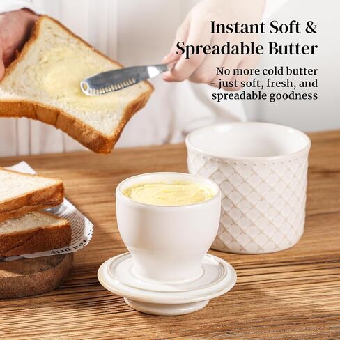 DOWAN French Butter Crock for Counter with Water, Ceramic Butter Dish with Lid for Countertop, Butter Holder for Soft Spreadable Butter, Butter Keepers to Leave on Counter, Embossing, Off-white in Saudi Arabia