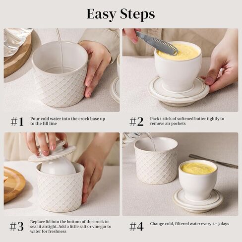 DOWAN French Butter Crock for Counter with Water, Ceramic Butter Dish with Lid for Countertop, Butter Holder for Soft Spreadable Butter, Butter Keepers to Leave on Counter, Embossing, Off-white in Saudi Arabia