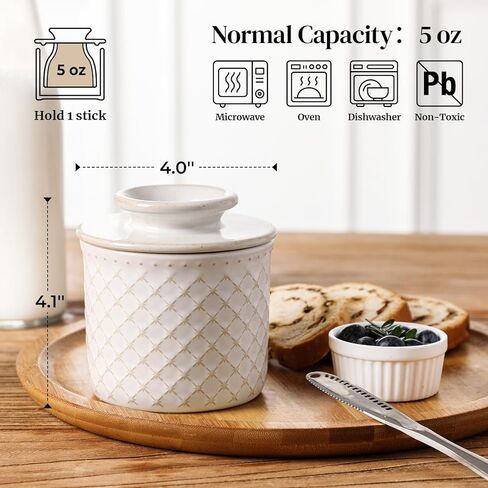 DOWAN French Butter Crock for Counter with Water, Ceramic Butter Dish with Lid for Countertop, Butter Holder for Soft Spreadable Butter, Butter Keepers to Leave on Counter, Embossing, Off-white in Saudi Arabia