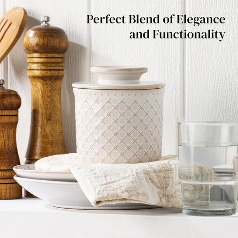 DOWAN French Butter Crock for Counter with Water, Ceramic Butter Dish with Lid for Countertop, Butter Holder for Soft Spreadable Butter, Butter Keepers to Leave on Counter, Embossing, Off-white in Saudi Arabia