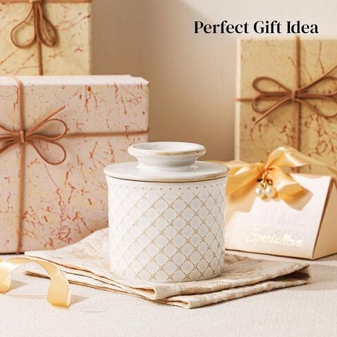 DOWAN French Butter Crock for Counter with Water, Ceramic Butter Dish with Lid for Countertop, Butter Holder for Soft Spreadable Butter, Butter Keepers to Leave on Counter, Embossing, Off-white in Saudi Arabia