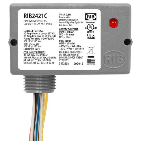 Functional Devices RIB2421C Pilot Relay, 10 Amp SPDT, 24 Vac/dc/120-277 Vac Coil, NEMA 1 Housing in Kuwait