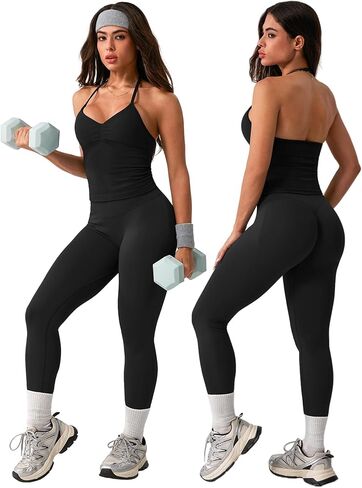 2 Piece Ribbed Seamless Workout Sets for Women No Front Seam High Waisted Yoga Leggings & Adjustable Halter Bra Work Out Set in Saudi Arabia