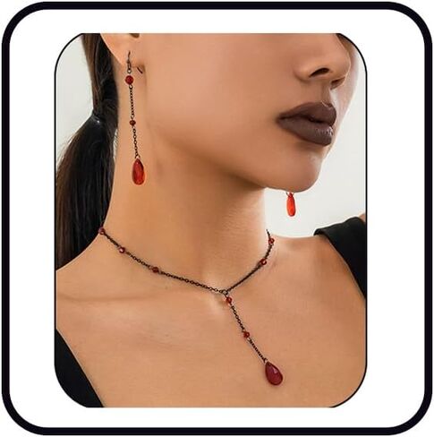 Gothic Blood Necklace Earrings for Women Layered Black Red Crystal Necklaces Earrings Set Punk Vampire Blood Teardrop Necklaces Gothic Y Necklace Earrings Set Halloween Cosplay Prom Jewelry in Kuwait