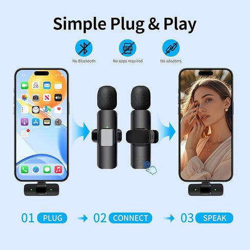 Wireless Microphone for iPhone iPad and Android Phone, 2 Pack Wireless Lavalier Lapel Mic with Noise Reduction, Plug and Play Mini Microphone for Video Recording Interview Podcast YouTube TikTok Vlog in Saudi Arabia