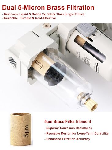 3/8" NPT Air Compressor Filter Regulator Combo with Semi-Auto Drain, Double 5 Micron Brass Elements, 3/8" Air Drying System, Compressed Air Water Separator, 70 SCFM, 0-145 PSI in Kuwait