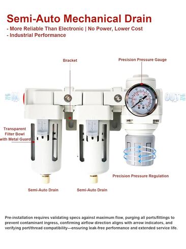 3/8" NPT Air Compressor Filter Regulator Combo with Semi-Auto Drain, Double 5 Micron Brass Elements, 3/8" Air Drying System, Compressed Air Water Separator, 70 SCFM, 0-145 PSI in Kuwait