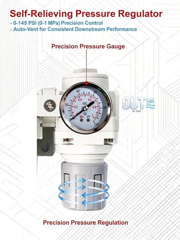 3/8" NPT Air Compressor Filter Regulator Combo with Semi-Auto Drain, Double 5 Micron Brass Elements, 3/8" Air Drying System, Compressed Air Water Separator, 70 SCFM, 0-145 PSI in Kuwait