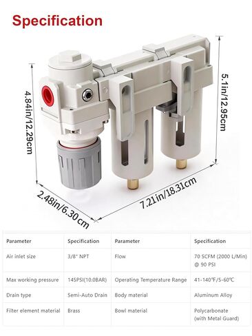 3/8" NPT Air Compressor Filter Regulator Combo with Semi-Auto Drain, Double 5 Micron Brass Elements, 3/8" Air Drying System, Compressed Air Water Separator, 70 SCFM, 0-145 PSI in Kuwait
