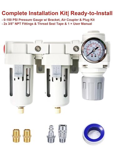 3/8" NPT Air Compressor Filter Regulator Combo with Semi-Auto Drain, Double 5 Micron Brass Elements, 3/8" Air Drying System, Compressed Air Water Separator, 70 SCFM, 0-145 PSI in Kuwait