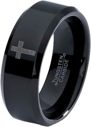 Tiny Hearts Cross Christian Ring - Tungsten Band 8mm - Men - Women - 18k Rose Gold Step Bevel Edge - Yellow - Grey - Blue - Black - Brushed - Polished - Wedding - Gift Dome Flat Cut in Kuwait