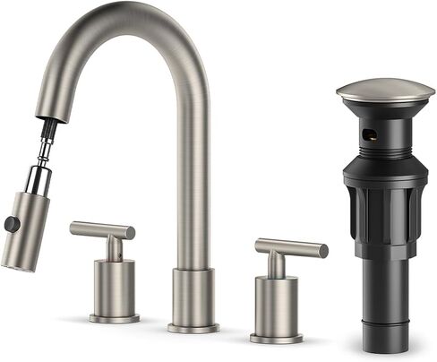 صنبور حمام Ryuwanku أسود غير لامع مع استنزاف منبثق، صنبور حمام واسع الانتشار مقاس 8 بوصات 3 فتحات مع بخاخ سحب للأسفل وضعين. صنبور حمام أسود غير لامع مقاس 8 بوصات مزود بخطوط إمداد in Kuwait