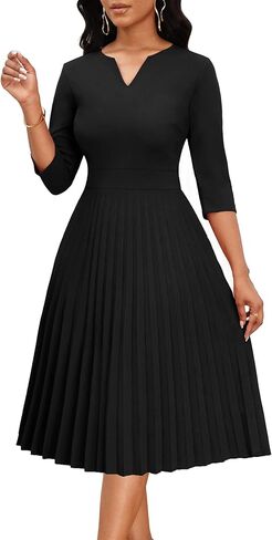 فساتين Nmoder ذات طيات للنساء - فستان متوسط ​​الطول على شكل حرف V ورقبة على شكل حرف V وأكمام 3/4 لضيوف الزفاف مع جيوب in Kuwait