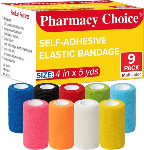 غلاف ضمادة ذاتية اللصق، غلاف ضمادة متماسكة مرنة مقاس 4 × 5 ياردات، شريط رياضي ملون، غلاف بيطري، شريط للكاحل، ضمادة متماسكة غير منسوجة، 9 عبوات in Kuwait