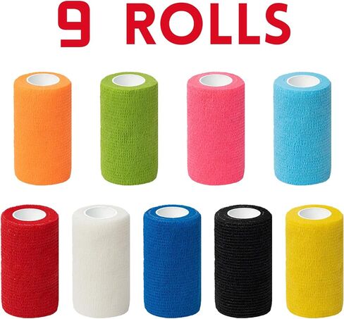غلاف ضمادة ذاتية اللصق، غلاف ضمادة متماسكة مرنة مقاس 4 × 5 ياردات، شريط رياضي ملون، غلاف بيطري، شريط للكاحل، ضمادة متماسكة غير منسوجة، 9 عبوات in Kuwait