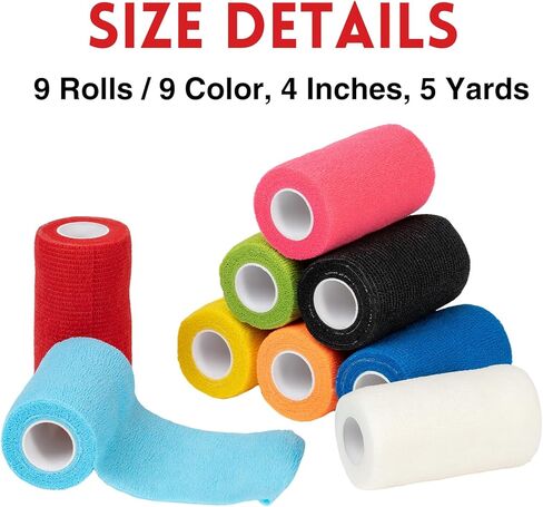 غلاف ضمادة ذاتية اللصق، غلاف ضمادة متماسكة مرنة مقاس 4 × 5 ياردات، شريط رياضي ملون، غلاف بيطري، شريط للكاحل، ضمادة متماسكة غير منسوجة، 9 عبوات in Kuwait