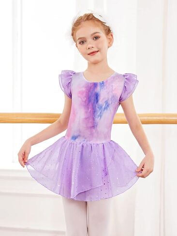 Girls Short Sleeve Tie Dye Sparkle Tulle Skirt Ballet Dress in Saudi Arabia
