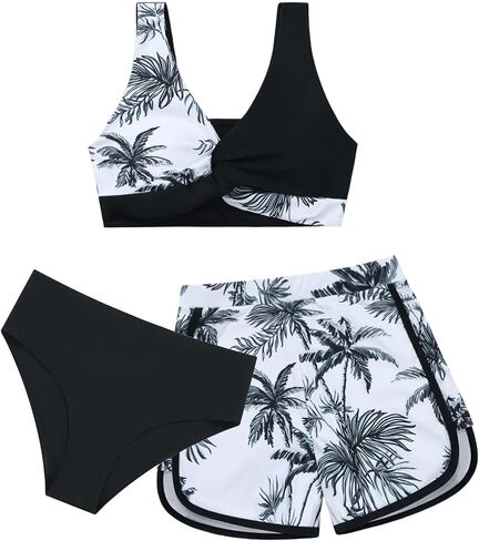 Weixinbuy Girl's 3 Piece Swimsuit Teen Swimwear Tropical Print Twist Cross Bikini Bathing Suit with Cover Up Shorts Size 9-16 in Saudi Arabia