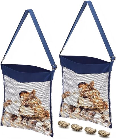 2 Pcs Extra Large 14 x 16inch Clam Mesh Chum Beach Bags for Seashells Clams Treasures Sand Away Foldable Shell Collection Bags with Adjustable Straps in Saudi Arabia