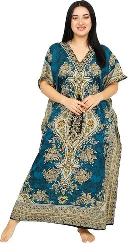 فستان قفطان طويل باللون الأزرق المخضر للنساء - ثوب كيمونو أنيق - مقاس فضفاض لتغطية الشاطئ بمقاس كبير - فستان أنيق للسهرات والإجازات in Kuwait