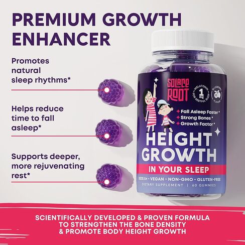 Height Growth Gummies with Melatonin for Kids & Teens - Ashwagandha, Lemon Balm & Vitamins B - Sleep & Height Booster Multivitamin for Teen Boys & Girls - Grow Taller Supplement - 60 Gummies in Saudi Arabia