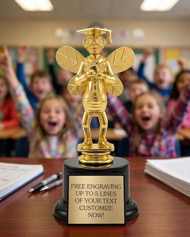 Awards4U Spelling Bee Trophy with Personalized Engraving Plate - 7" Tall Gold Bee Award on Black Base - Custom Spelling Competition Trophy for School Classroom Contest or Academic Achievement in Kuwait