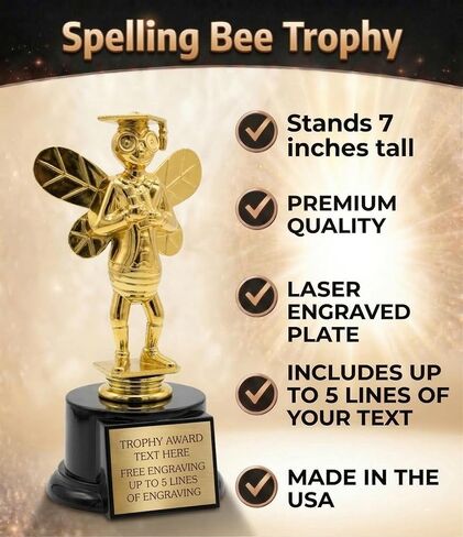 Awards4U Spelling Bee Trophy with Personalized Engraving Plate - 7" Tall Gold Bee Award on Black Base - Custom Spelling Competition Trophy for School Classroom Contest or Academic Achievement in Kuwait
